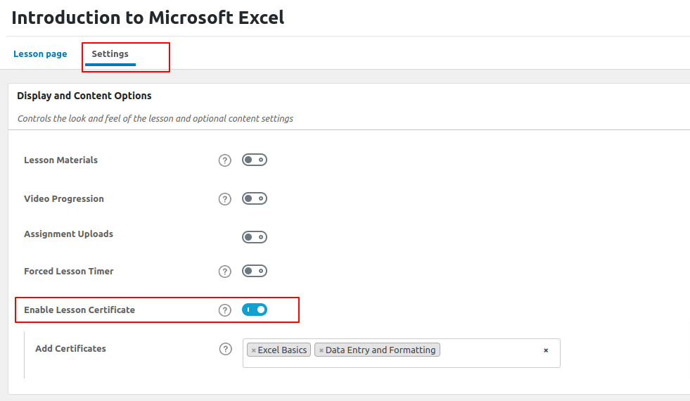 Adding certificates to lessons