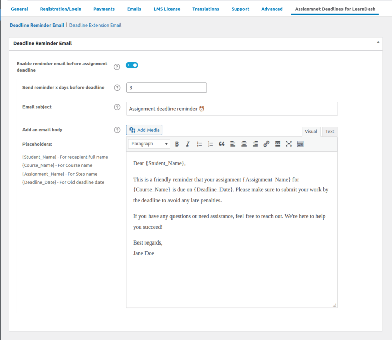 Customizable Reminder Email Notifications