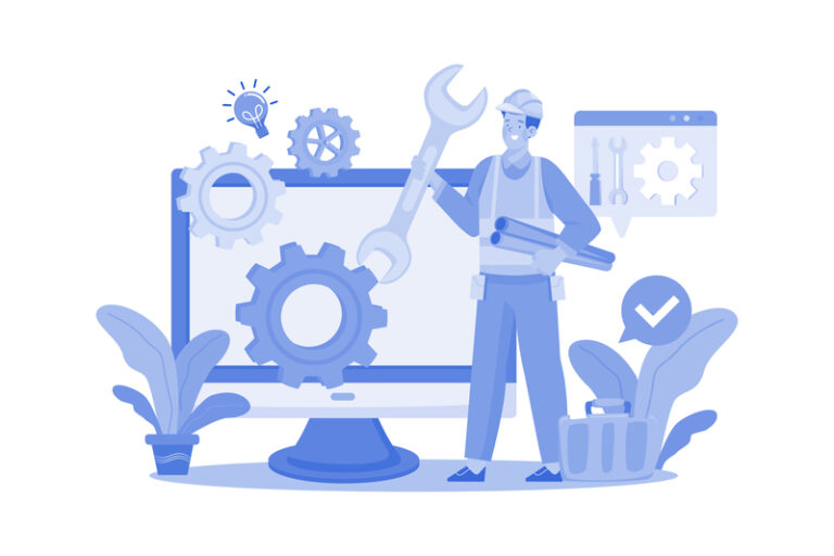 Mechanic Character Holding Wrench And Plastic Pipe