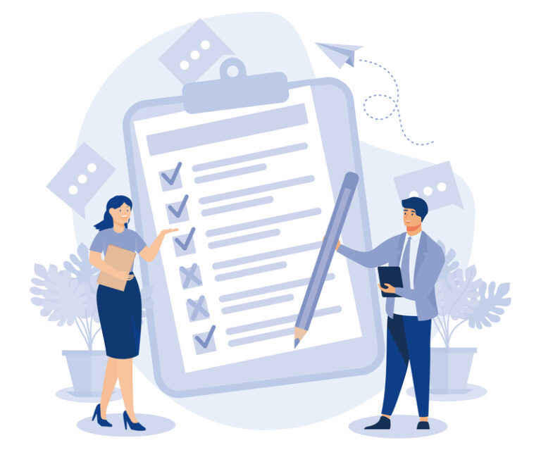 Online survey concept. Tiny people filling online survey form on smartphone or laptop. Feedback service. flat vector modern illustration